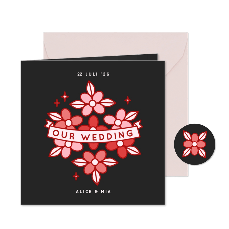 Zwarte trouwkaart met rode en roze bloemen illustraties - Kaartimpressie