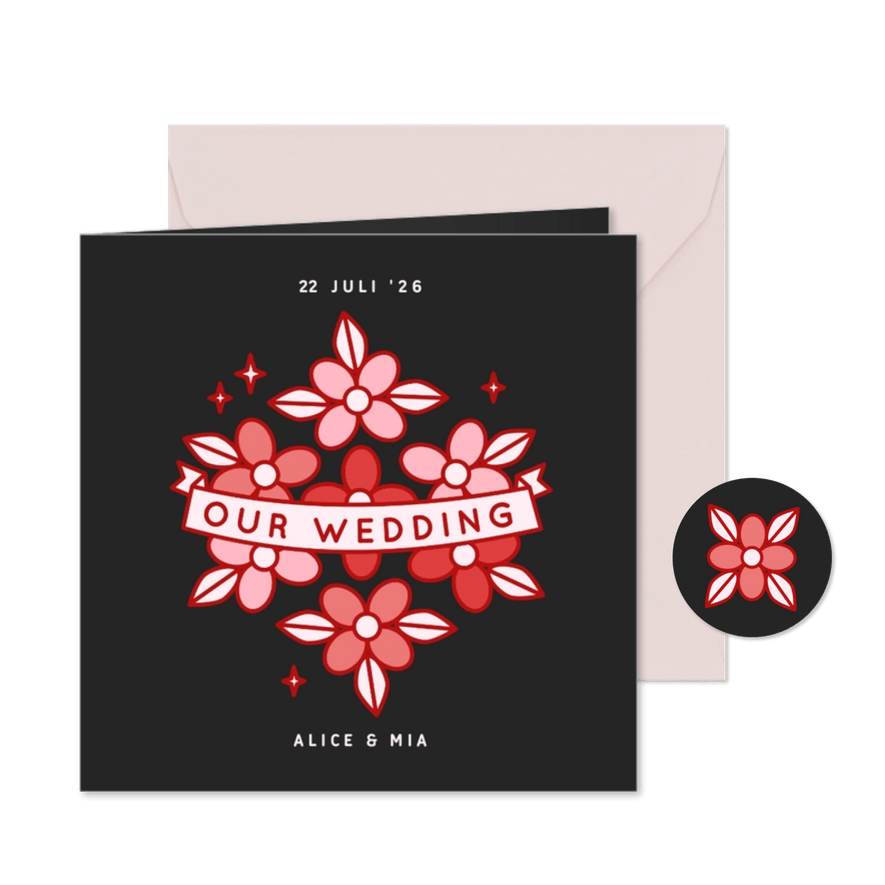 Zwarte trouwkaart met rode en roze bloemen illustraties - Kaartimpressie