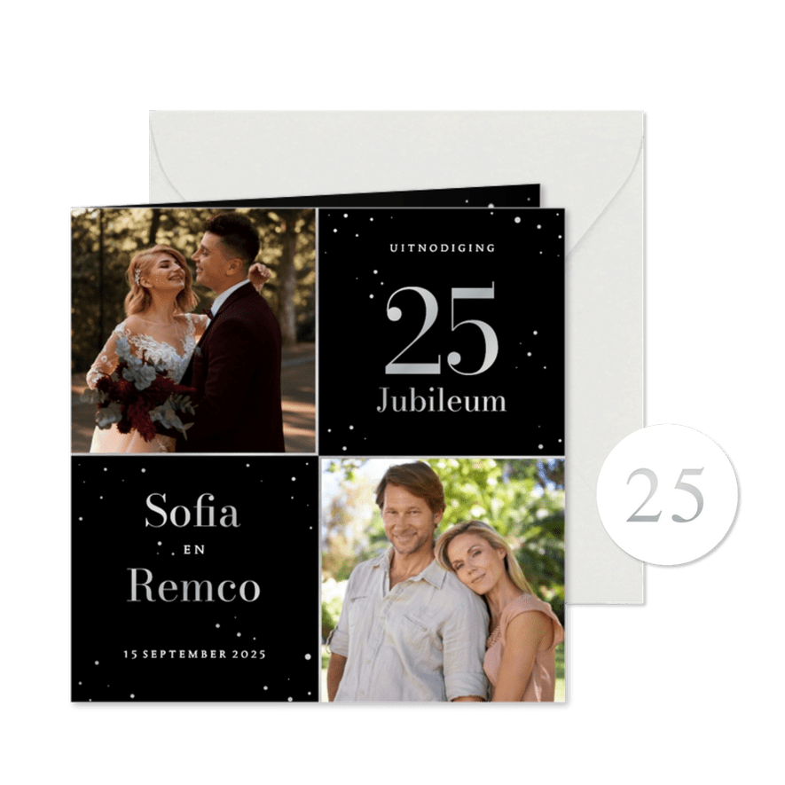 Zwarte uitnodiging jubileum met foto's en zilveren spetters - Kaartimpressie