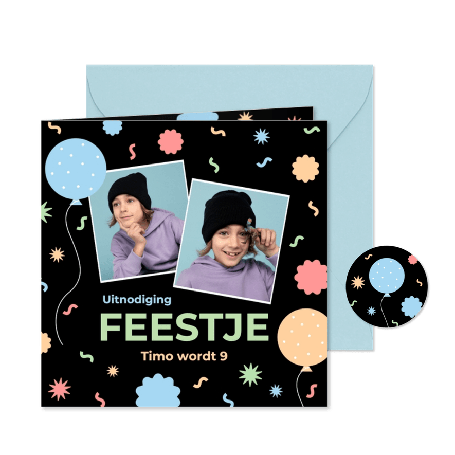Zwarte uitnodiging kinderfeestje met foto en confetti - Kaartimpressie