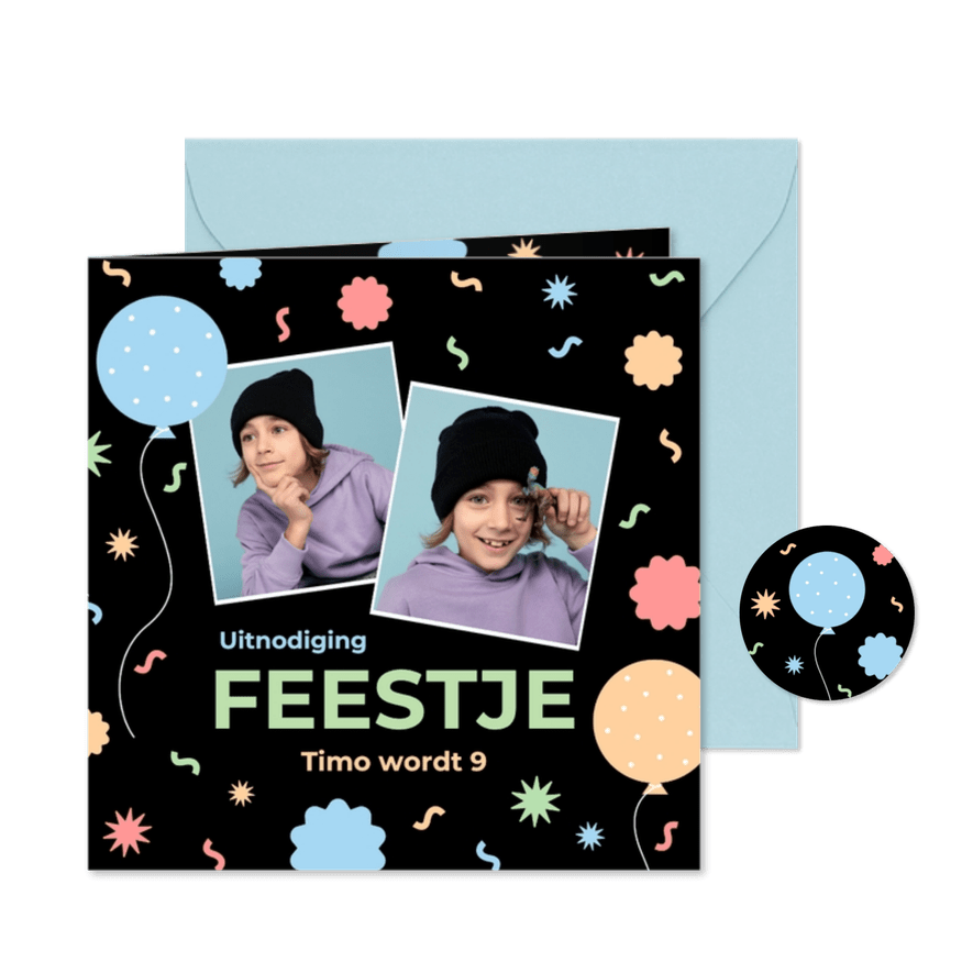 Zwarte uitnodiging kinderfeestje met foto en confetti - Kaartimpressie
