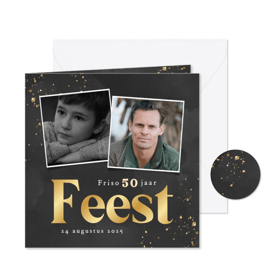 Zwarte uitnodiging met gouden glitters en foto feest - Kaartimpressie