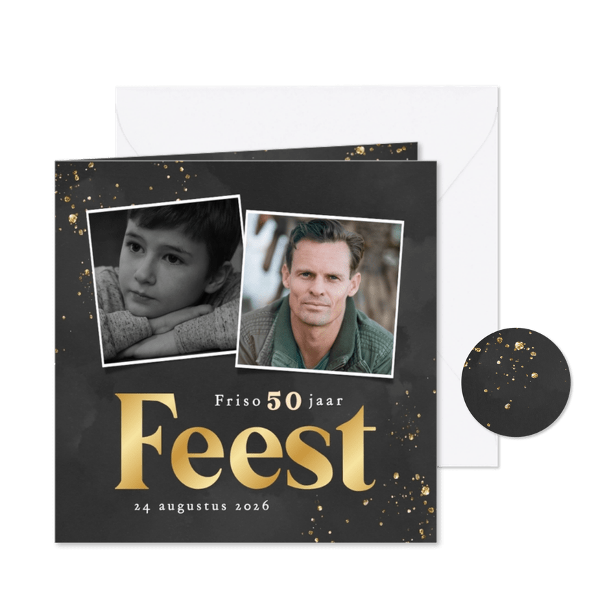 Zwarte uitnodiging met gouden glitters en foto feest - Kaartimpressie