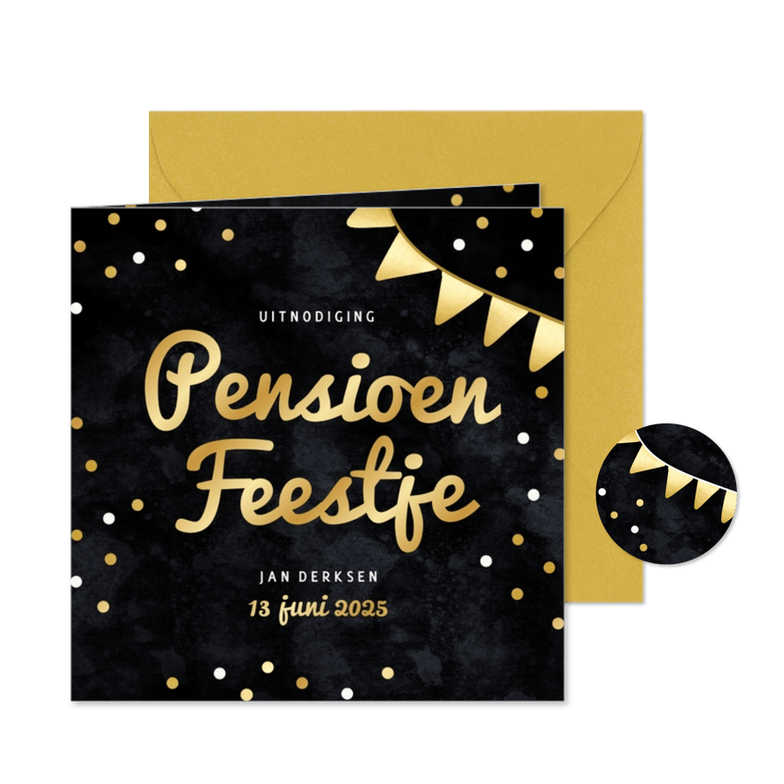 Zwarte uitnodiging pensioen feest met gouden vlaggetjes - Kaartimpressie