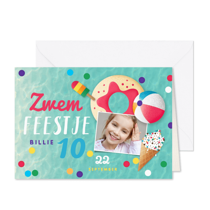 Zwemfeest meisje vrolijk kleurrijk confetti ijsjes foto - Kaartimpressie