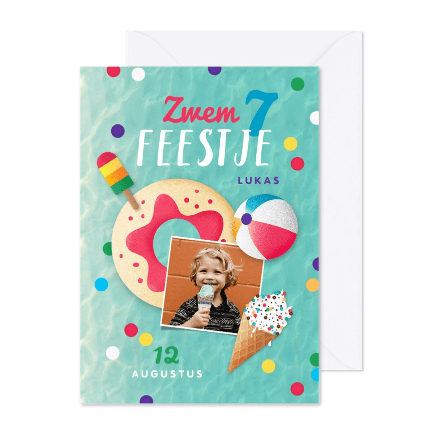 Zwemfeest tropisch vrolijk kleurrijk confetti ijsjes foto - Kaartimpressie