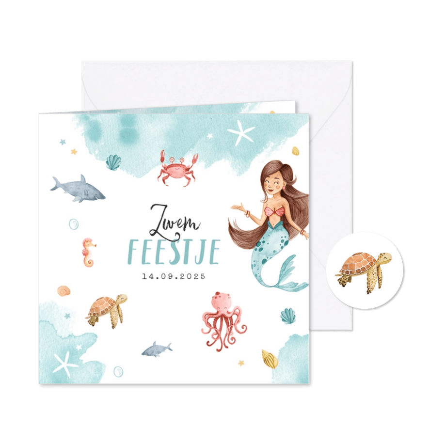 Zwemfeest uitnodiging kinderfeestje zeemeermin zeedieren - Kaartimpressie