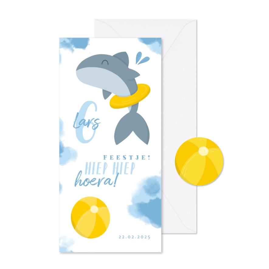 Zwemfeestje uitnodiging haai met band en bal - Kaartimpressie