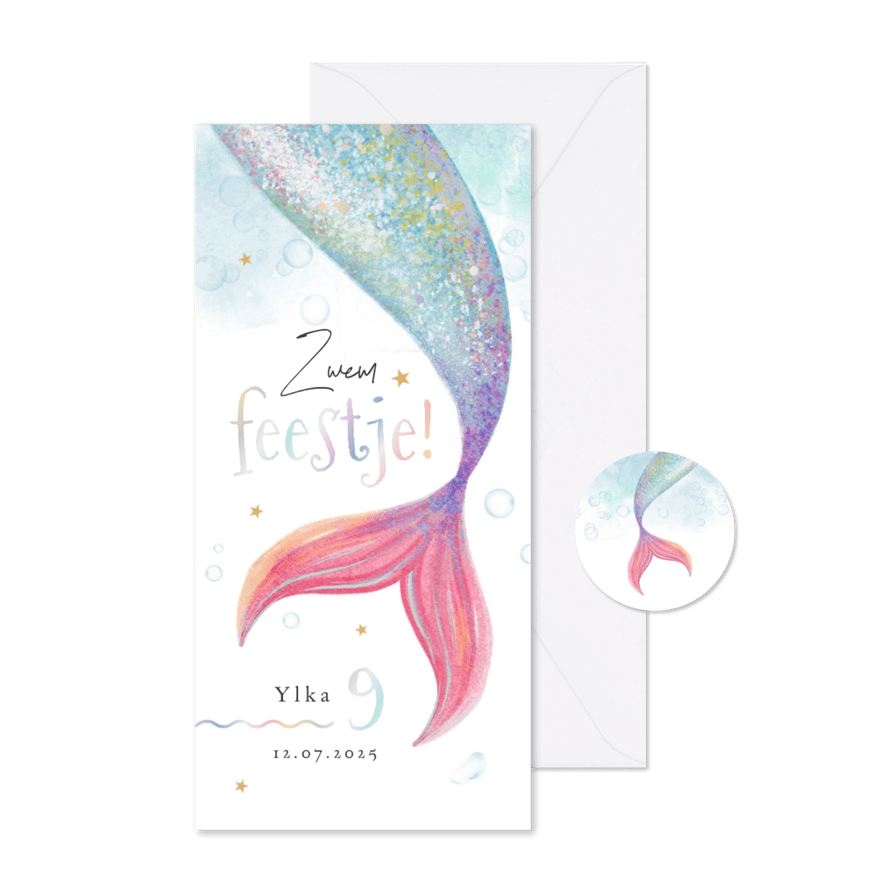 Zwemfeestje uitnodiging zeemeermin waterverf magisch - Kaartimpressie