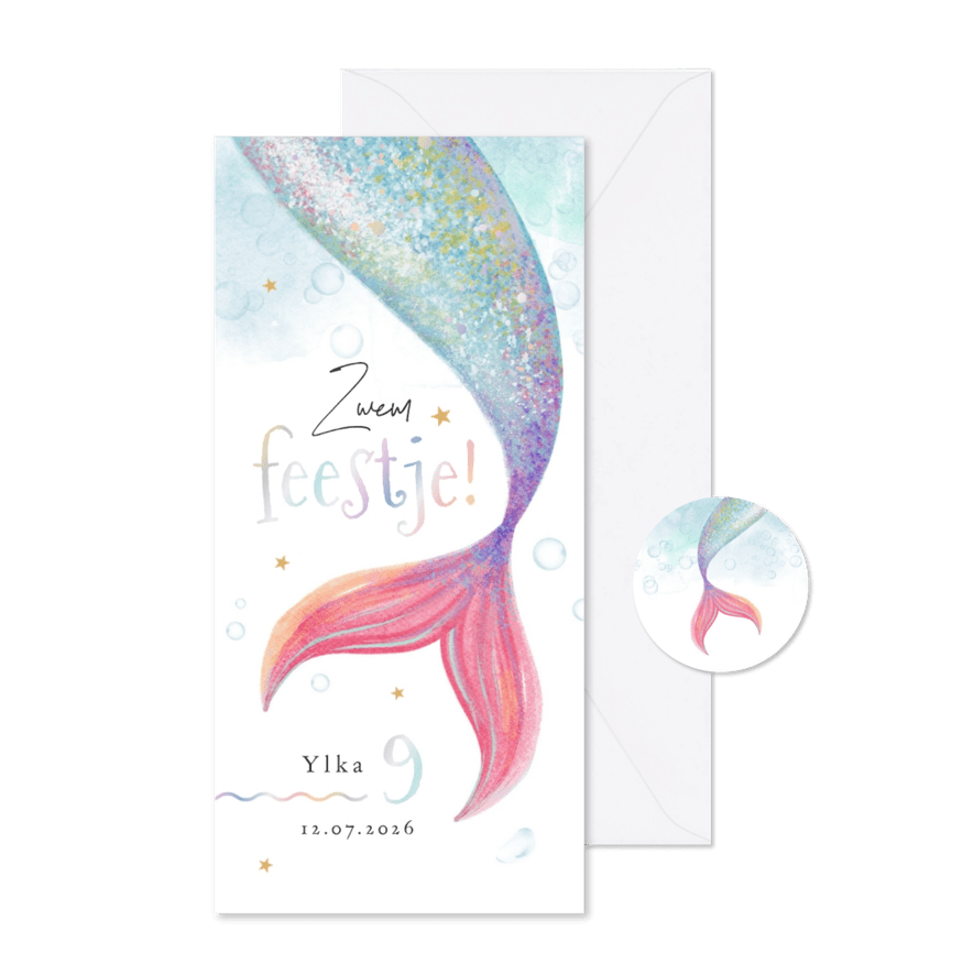 Zwemfeestje uitnodiging zeemeermin waterverf magisch - Kaartimpressie