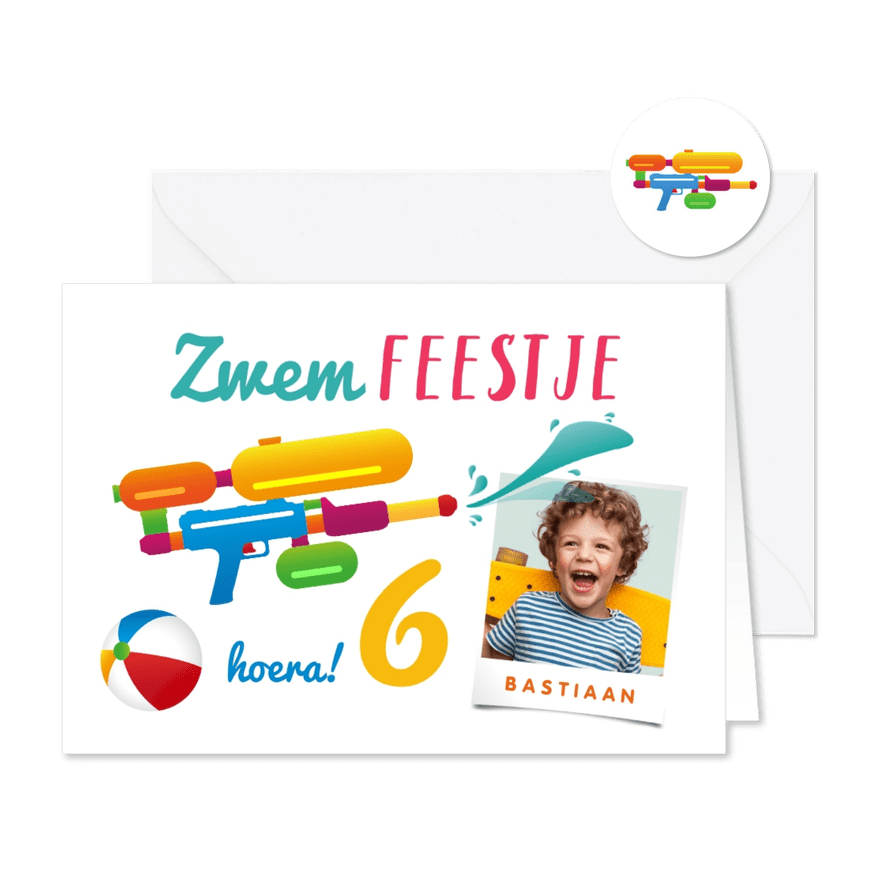 Zwemfeestje uitnodiging zomer zwemmen supersoaker foto - Kaartimpressie