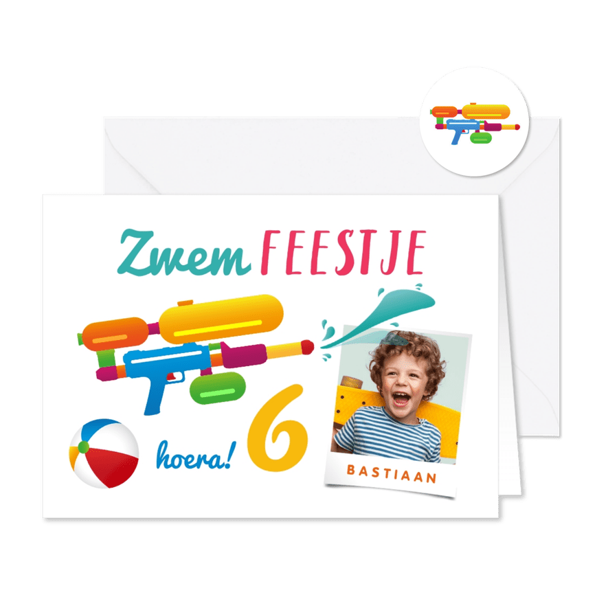 Zwemfeestje uitnodiging zomer zwemmen supersoaker foto - Kaartimpressie