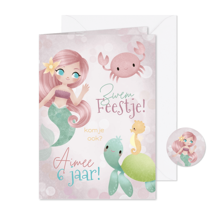 Zwemfeestje zeemeermin zeediertjes - Kaartimpressie