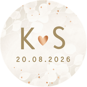 Sticker met initialen van het bruidspaar, met subtiele beige eucalyptus achtergrond