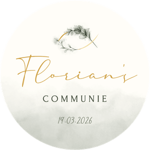 Ronde sticker met waterverf, naam, datum en een botanische Ichthus vis als christelijk symbool