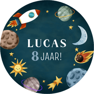 Stoere traktatie sticker om zelf te maken voor school of BSO, met raket en planeten
