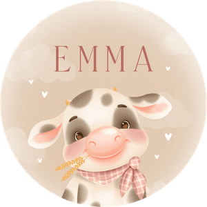 Sticker met een vrolijke koe en naam, leuk voor trakteren of kinderfeestje bedankje boerderij.