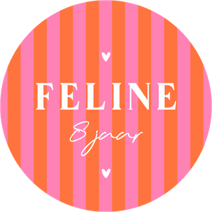 Trendy ronde sticker om zelf te maken voor trakteren op school, met lijnen in trendkleuren naam en leeftijd.