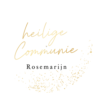 Ronde sticker met goudlook spetters, voor een eerste plechtige communie bedankje met eigen naam.
