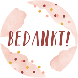 Ronde sticker om te bedanken met roze waterverf achtergrond, tekst is aanpasbaar.