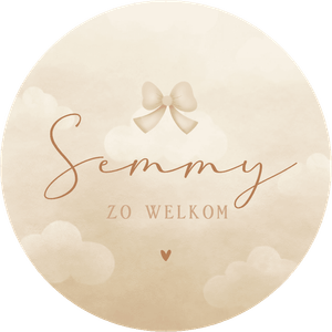 Cirkelvormige sticker met strikje in het beige met naam van de baby, op waterverf achtergrond. 