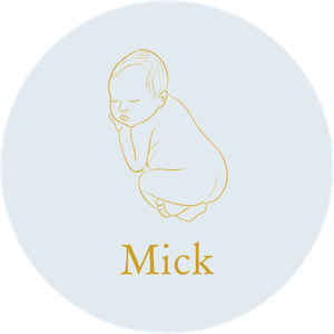 Sticker met een tekening van een babytje en eigen naam, voor doopsuiker bijvoorbeeld.