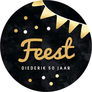 Ronde sticker met vlaggetjes in goud met tekst feest, leeftijd en naam