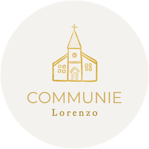 Sticker voor bedankje communieviering met afbeelding van een kerk in goudlook.