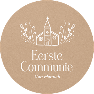 Ronde sticker voor een eerste communie met een witte afbeelding van kerk met takjes en kartonlook