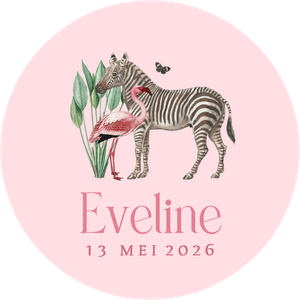 Sticker om zelf te maken met een zebra, flamingo en jungle bladeren, met naam van meisje en datum