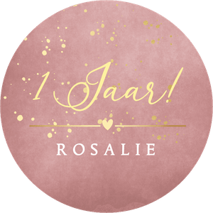 Ronde sticker met eigen tekst voor eerste verjaardag meisje met goudlook spettertjes.