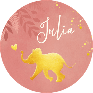 Sticker met een goudkleurige olifant en naam om zelf te maken. 