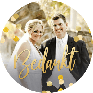 Gepersonaliseerde sticker met eigen foto en gouden tekst bedankt, samen met confetti, geen foliedruk.