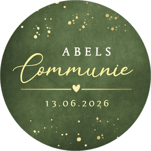 Groene sticker voor communieviering met confetti, naam en datum, geheel zelf te maken. 