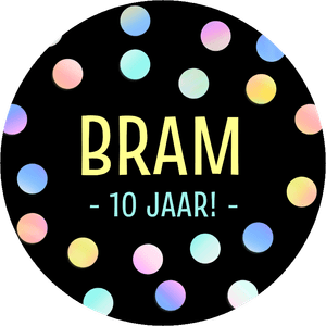 Traktatie sticker met confetti, naam en leeftijd van kind, om zelf te maken