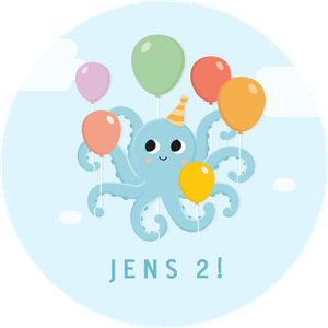 Vrolijke sticker voor traktatie verjaardag zoon met ballonen en blije octopus