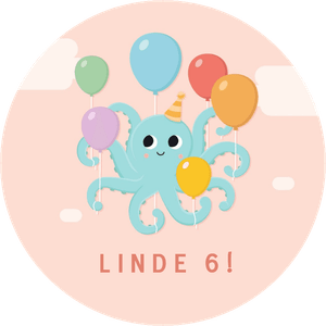 Vrolijke sticker voor traktatie verjaardag dochter met ballonen en blije octopus