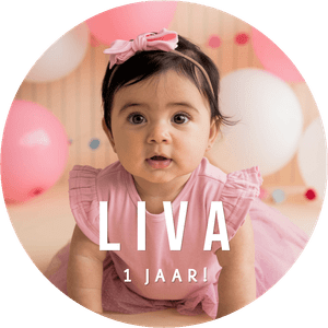 Gepersonaliseerde sticker verjaardag met een grote foto, om zelf te maken, voor traktatie bestellen