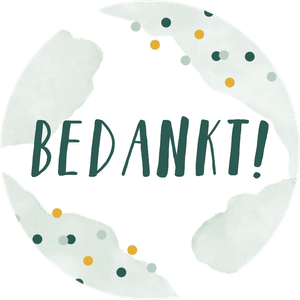 Ronde sticker om te bedanken met mintgroene waterverf achtergrond, tekst is aanpasbaar. 