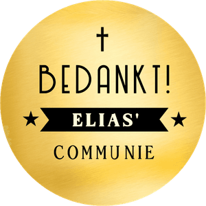 Gouden sticker voor het bedanken aanwezigheid communie met eigen naam en kruisje.