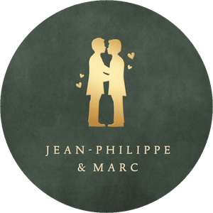 Stijlvolle sticker van een silhouet van 2 mannen die getrouwd zijn of jubileum vieren, met eigen namen.