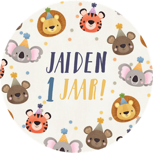 Sticker voor eerste verjaardag van een kind, bijv. voor op traktatie, leeftijd en naam aanpasbaar.