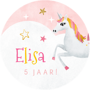 Lieve sticker voor traktatie school of kinderfeestje, met een eenhoorn, sterren en eigen tekst