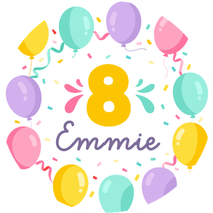 Vrolijke ronde sticker met gekleurde ballonnen en confetti voor een cadeauzakje bij kinderfeestje.