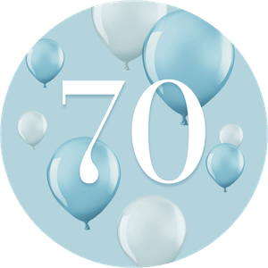 Een feestelijke ronde sticker voor een verjaardag 70 (aanpasbaar), met blauwe ballonnen.