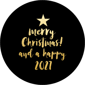 Zwarte ronde sluitsticker voor op een kerstkaart envelop met goudlook tekst Merry Christmas en 2027.
