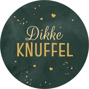 Een algemene neutrale ronde sticker met 'Dikke knuffel' en goudlook hartjes en spetters.