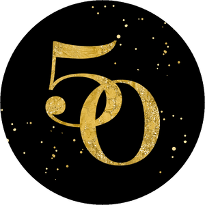 Een feestelijke en stijlvolle ronde sticker met gouden cijfers 50