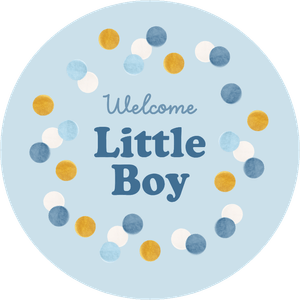 Een feestelijke ronde sticker als felicitatie voor de geboorte van een baby jongen. Met confetti.