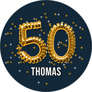 Een hippe ronde sticker met naam en 50 in gouden slingers met confetti
